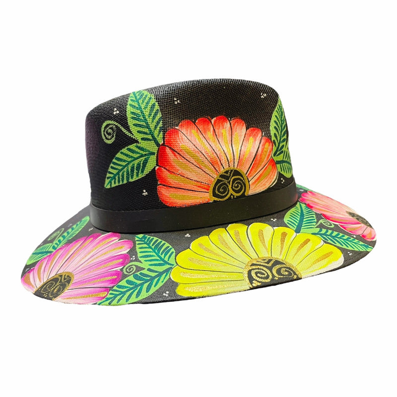 HAT MEXICAN Artisanal Hand Painted Fedora Floral Sombrero Panama Bohemian Black