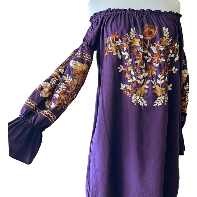 FREE PEOPLE Mini Dress Fleur du Jour Embroidered Tunic Purple Off the Shoulder