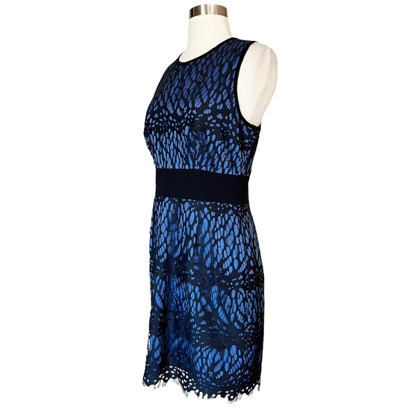 ROBERT RODRIGUEZ Sleeveless Sheath Dress Lace Overlay Satin Blue Black 4 EUC