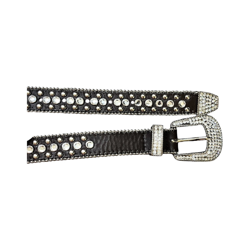 CHRISTINE ALEXANDER Brown Silver Crystals Embellished Leather Belt Rhinestone M