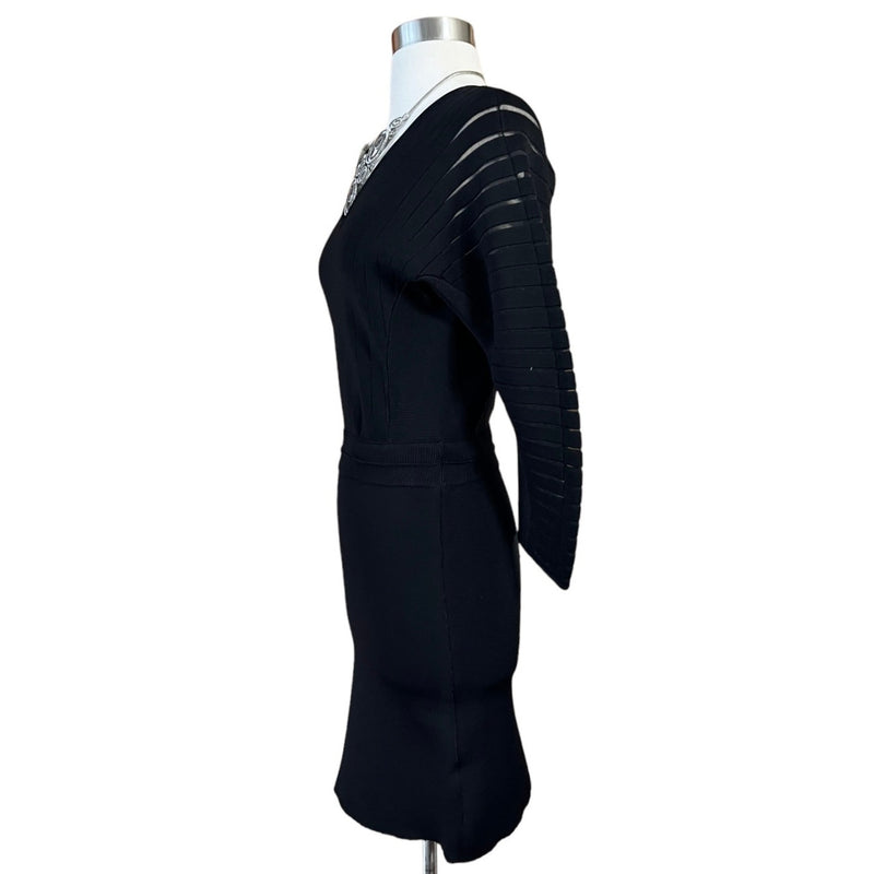 YIGAL AZROUEL Knit Dress Black V-Neck Sheath 3/4 Sleeves Designer Small EUC