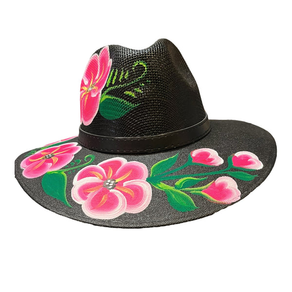 HAT MEXICAN Artisanal Hand Painted Fedora Floral Sombrero Panama Bohemian Black