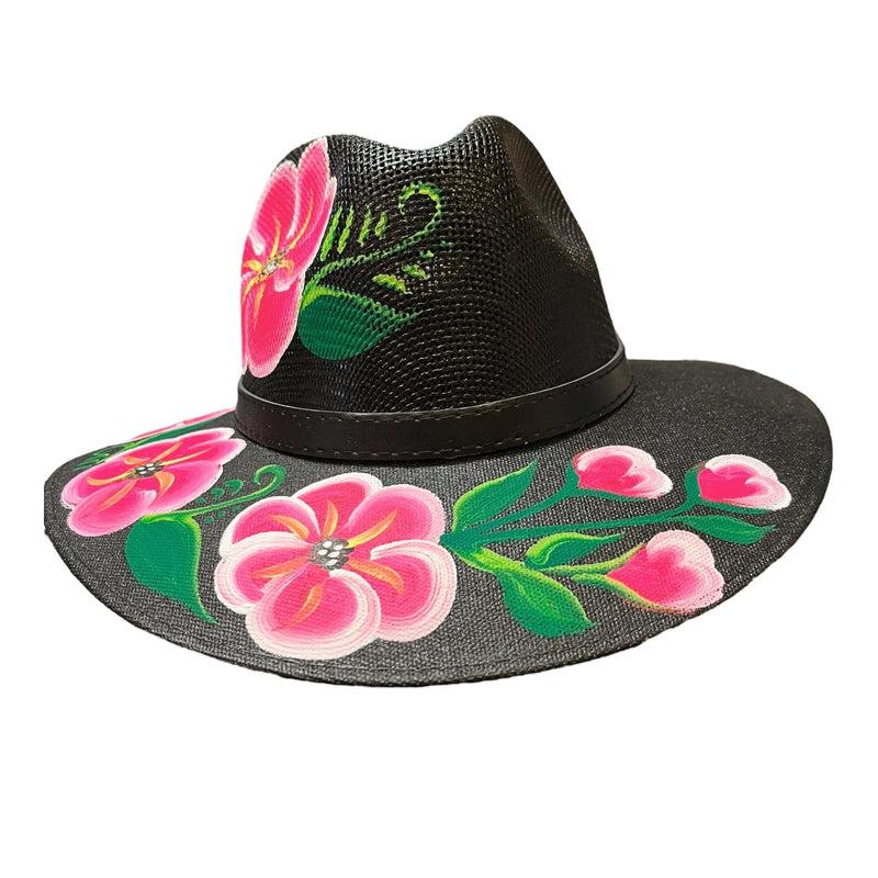 HAT MEXICAN Artisanal Hand Painted Fedora Floral Sombrero Panama Bohemian Black