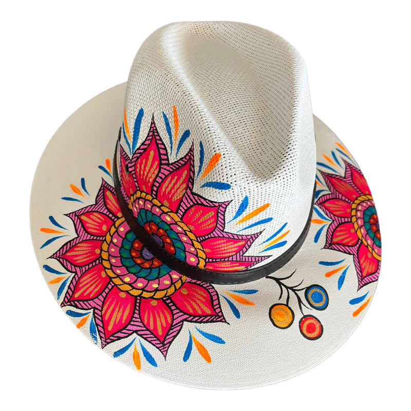 HAT MEXICAN Artisanal Hand Painted Fedora Mandala Sombrero Panama Bohemian White