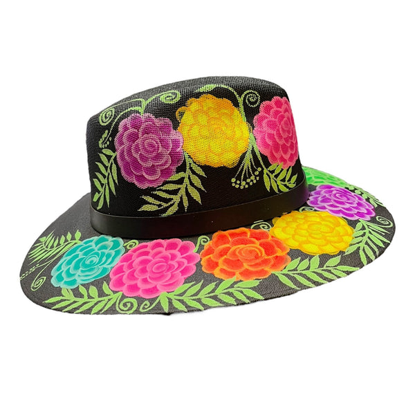 HAT MEXICAN Artisanal Hand Painted Fedora Floral Sombrero Panama Bohemian Black