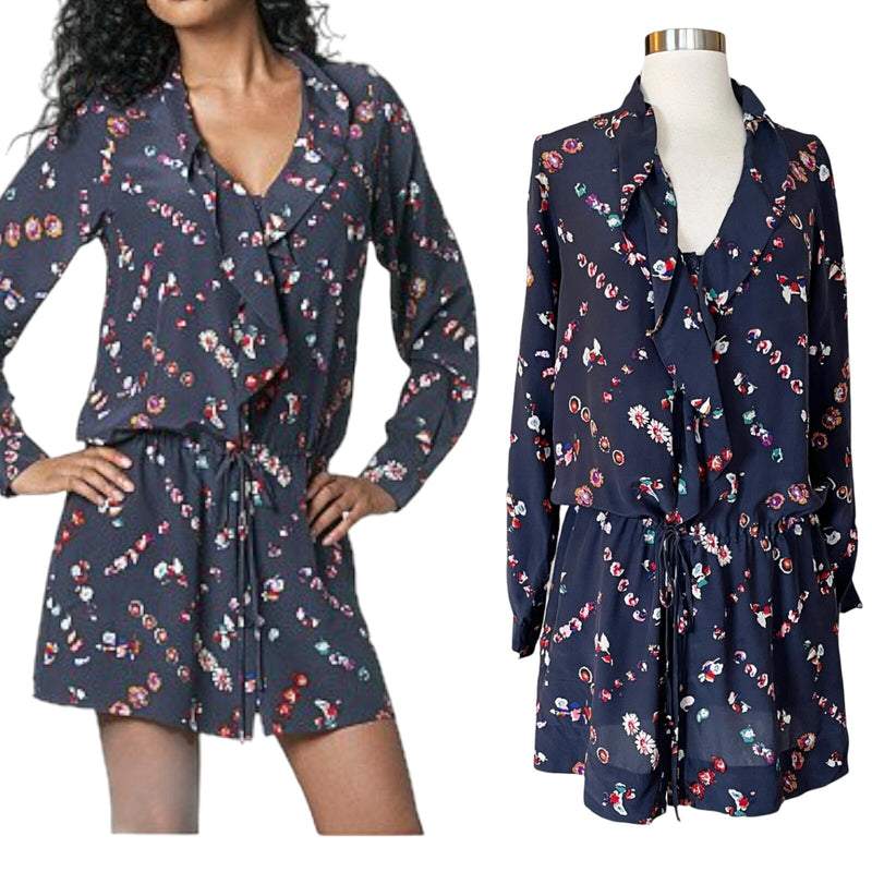 REBECCA TAYLOR SILK Mini Shirt Dress Cocktail Blue Floral Button Down Ruffles 8