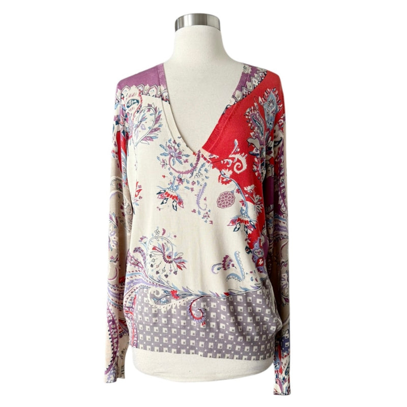 ETRO Milano Silk Paisley Sweater Knit Tank V-Neck Red Cream Italy IT46 Large EUC