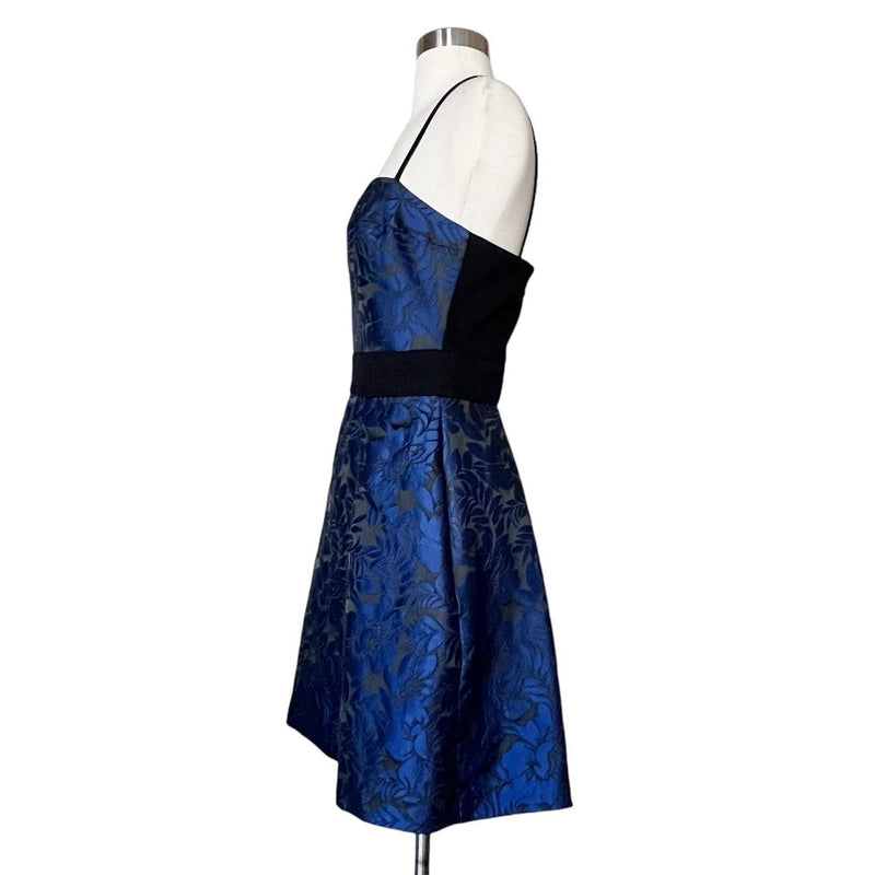 BLACK HALO Mini Cocktail Dress Black Jacquard Metallic Blue Sleeveless Designer