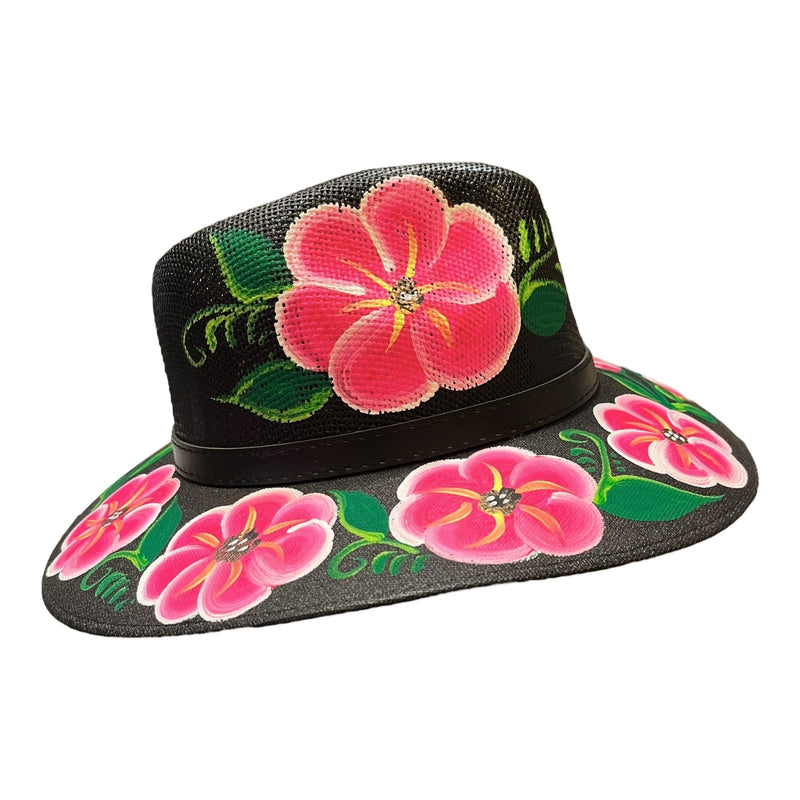 HAT MEXICAN Artisanal Hand Painted Fedora Floral Sombrero Panama Bohemian Black