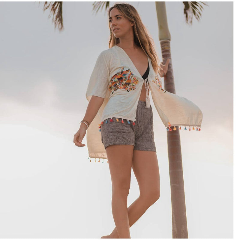 BEACH COVER UP KIMONO T. ZOVICH Otomi Graphic Shawl Natural Print Ruana Bohemian