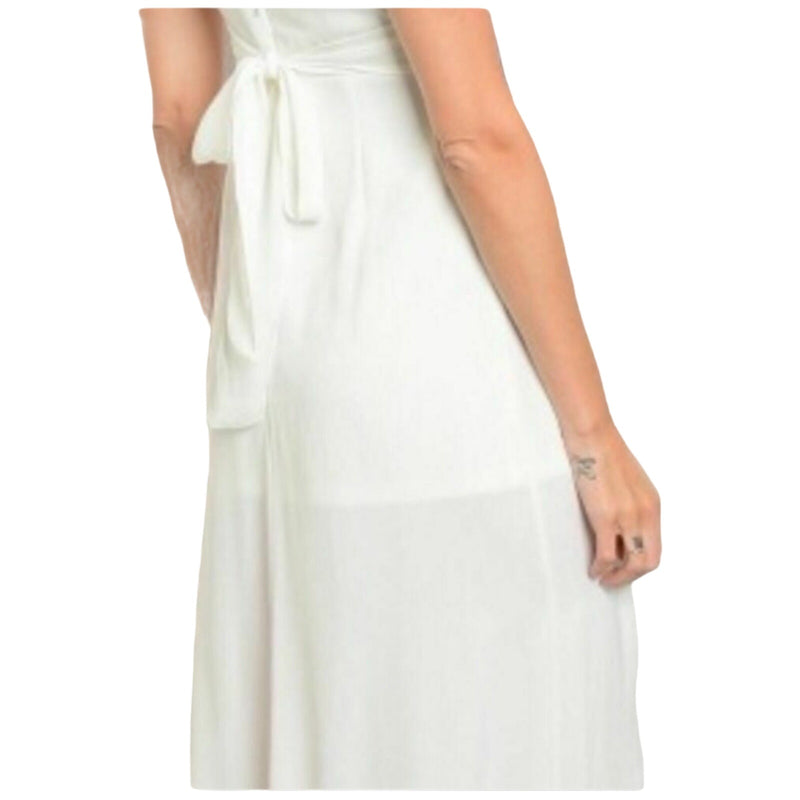 M/2 White Maxi Dress Sheer Skirt V Neck Side Slits Embroidered Blue Floral LARGE