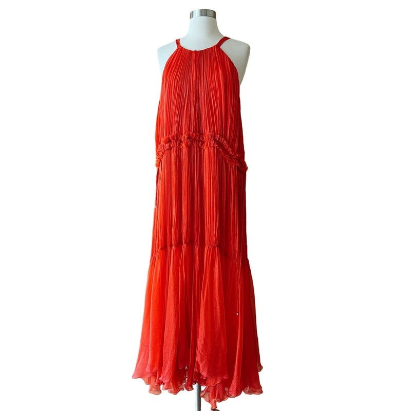 MARIA LUCIA HOHAN Maella Silk Tent Dress Red Chiffon Ruffled Plisse Halter Gown