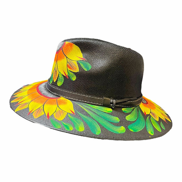 HAT MEXICAN Artisanal Hand Painted Fedora Sunflower Sombrero Panama Bohon Black