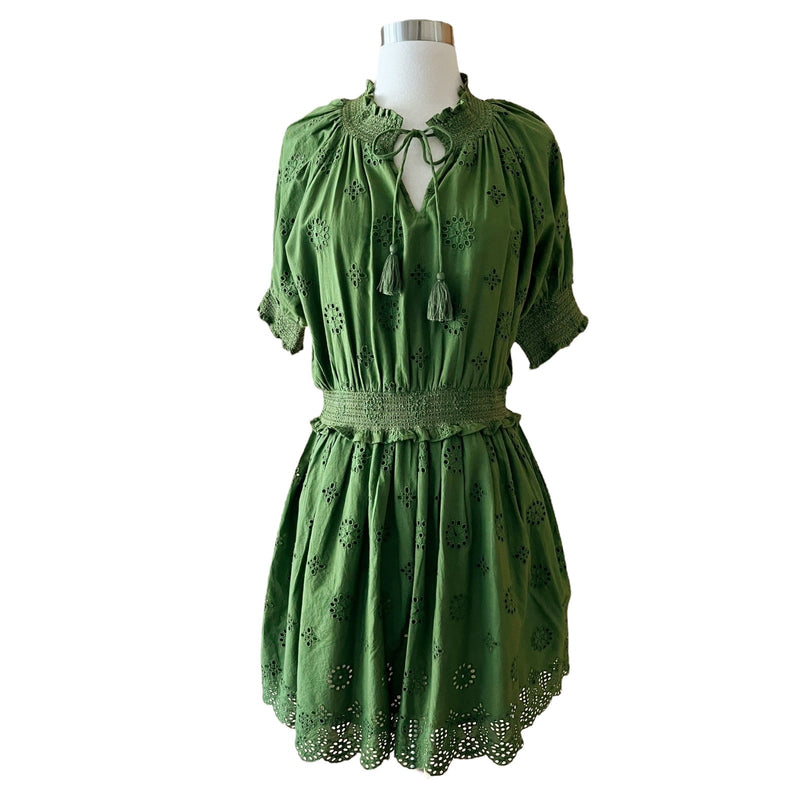 ROLLER RABBIT Fiorella Dress Astra Eyelet Green Cotton Short Sleeves Small NEW