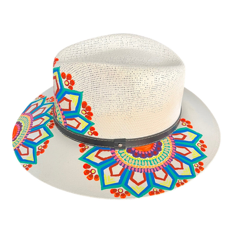 HAT MEXICAN Artisanal Hand Painted Fedora Mandala Sombrero Panama Bohemian White