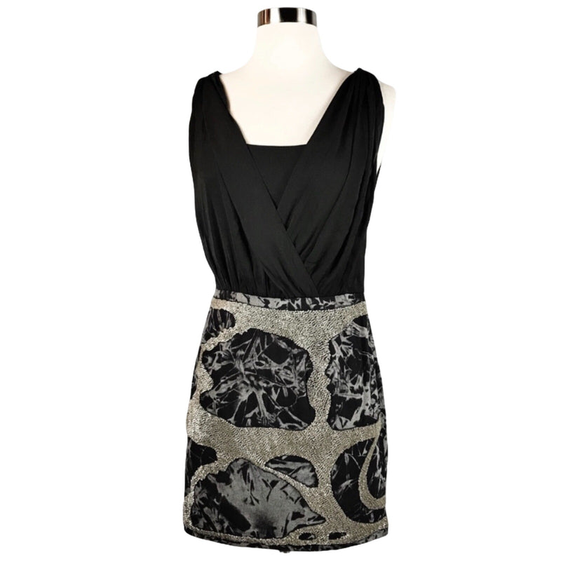 GREYLIN Cocktail Dress Mixed Media Beaded Embellished Ponte Black Silver Small