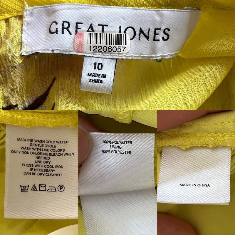 GREAT JONES Floral Silky Chiffon Tiered Dress Maxi Sleeveless Yellow Crew Neck