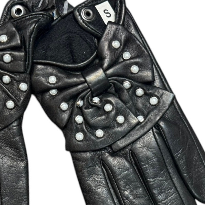 Neiman Marcus Genuine Leather Black Women Gloves Pearl Studded Bows Small NWT