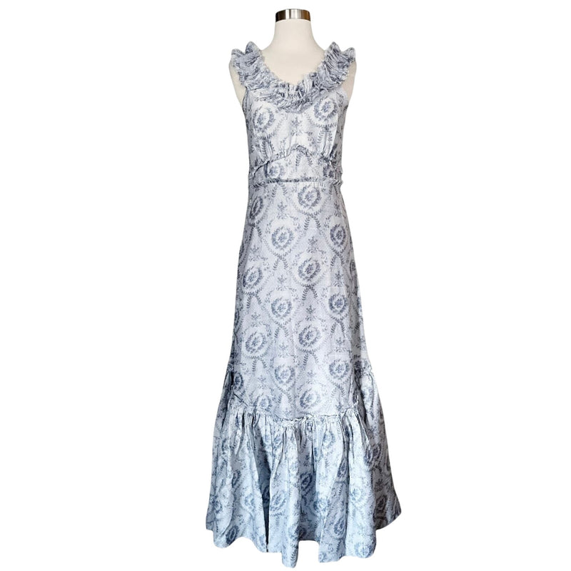 LOVESHACKFANCY Maxi Dress Gown Dupioni Silk Ruffles Sleeveless Gray Blue Sample