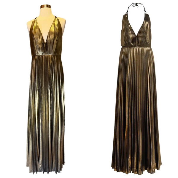 AIDAN MATTOX Pleated Folied Chiffon Halter Gown Bronze Metallic Maxi 4 EUC