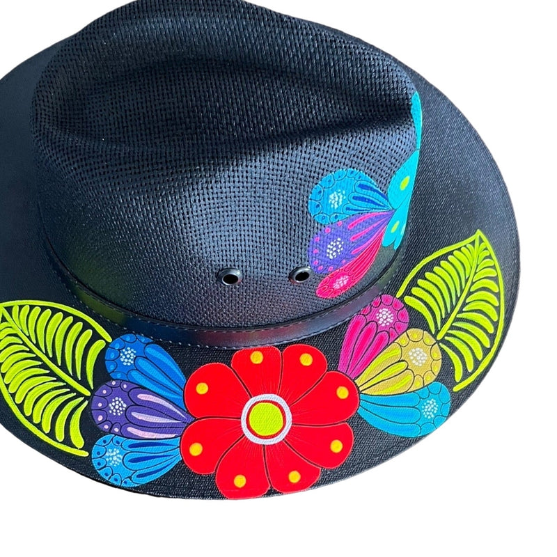 HAT MEXICAN Artisanal Hand Painted Fedora Floral Sombrero Panama Bohemian Black