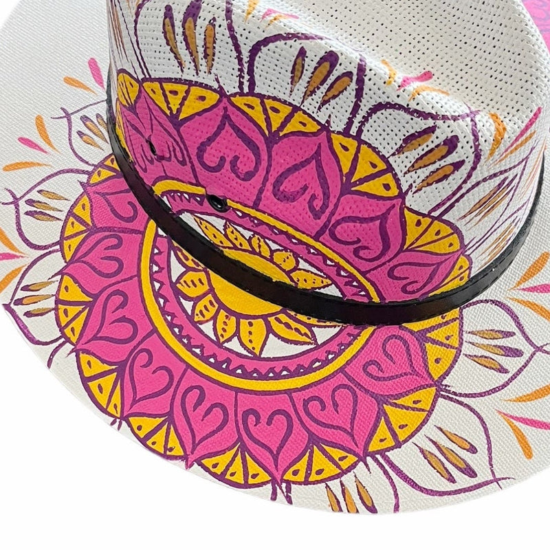 HAT MEXICAN Artisanal Hand Painted Fedora Mandala Sombrero Panama Bohemian White