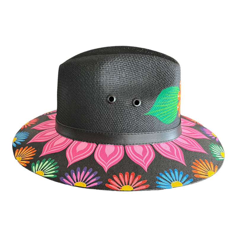 HAT MEXICAN Artisanal Hand Painted Fedora Floral Sombrero Panama Bohemian Black