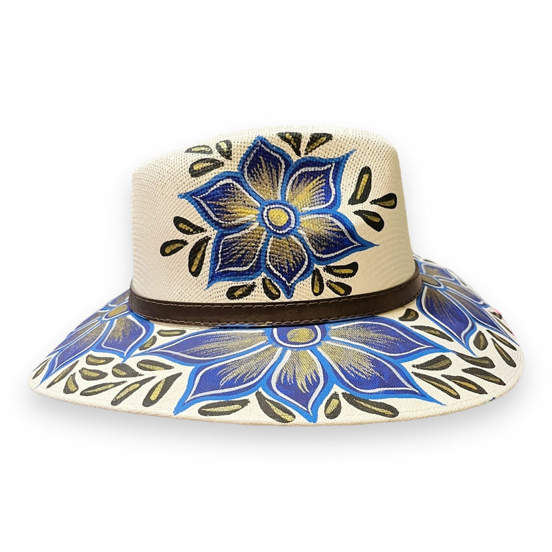 HAT MEXICAN Artisanal Hand Painted Fedora Floral Sombrero Panama Bohemian White