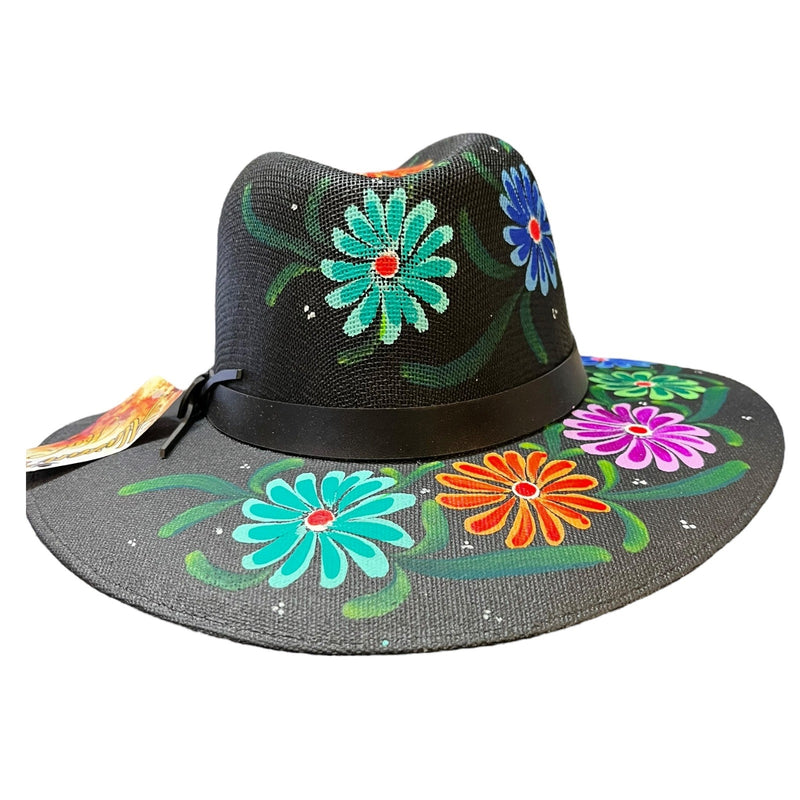 HAT MEXICAN Artisanal Hand Painted Fedora Floral Sombrero Panama Bohemian Black