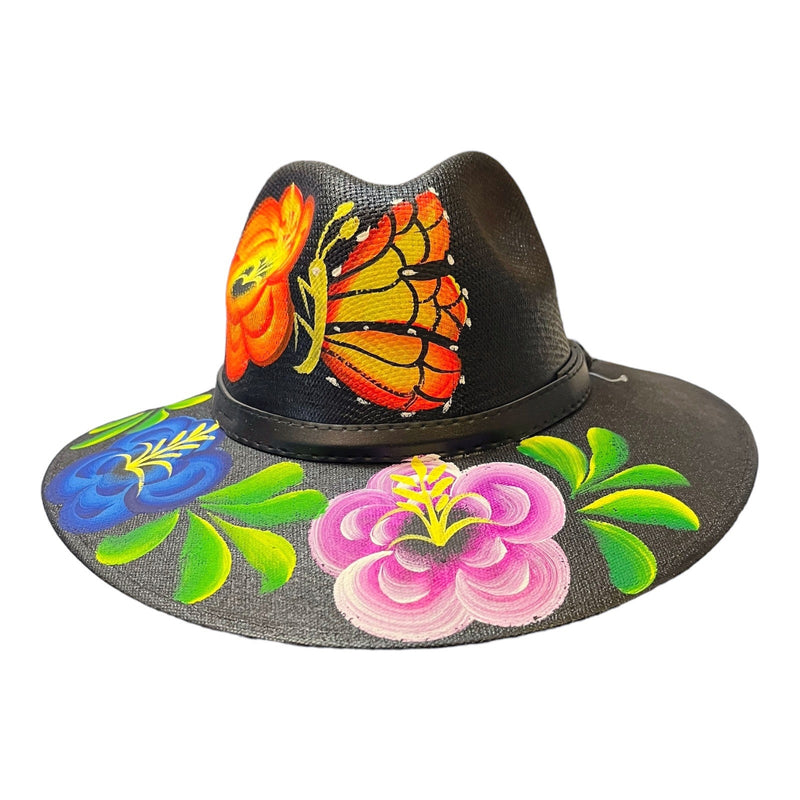 HAT MEXICAN Artisanal Hand Painted Fedora Floral Sombrero Panama Bohemian Black