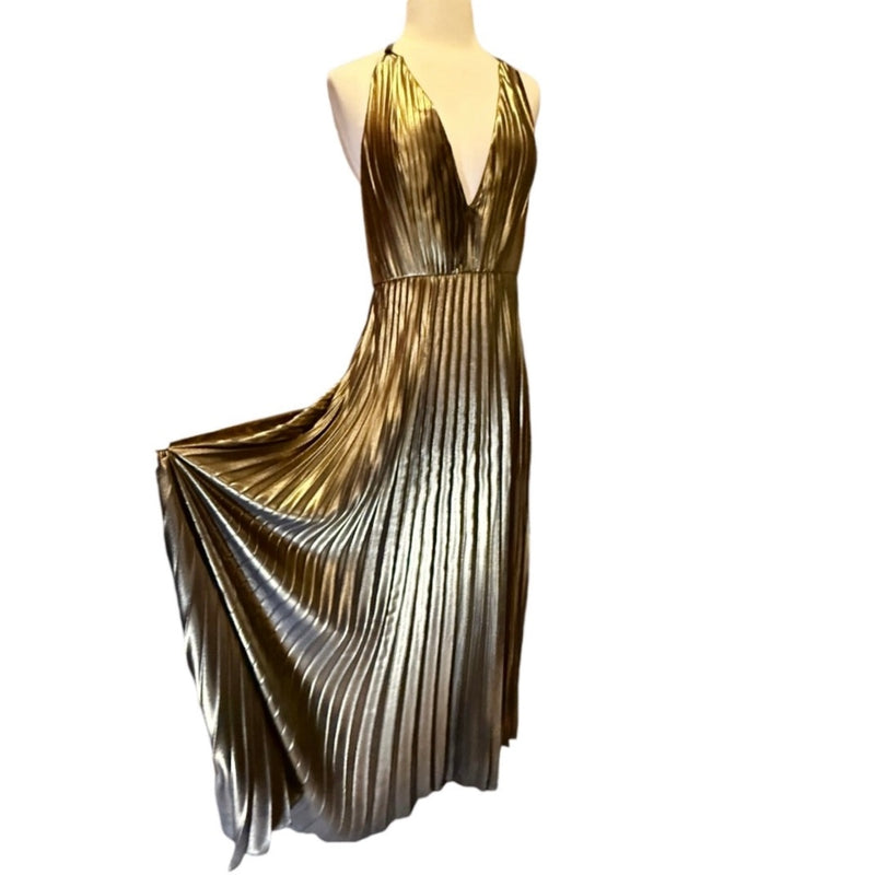 AIDAN MATTOX Pleated Folied Chiffon Halter Gown Bronze Metallic Maxi 4 EUC