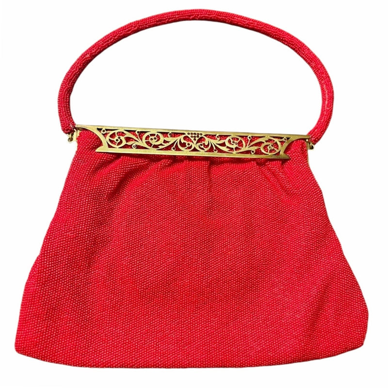 CHUNN PARIS VINTAGE Red Beaded Evening Clutch Handmade Handbag Metal Rhinestone