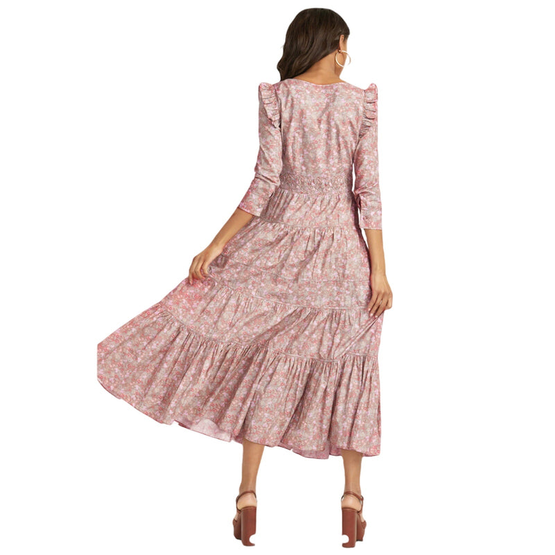 LOVESHACKFANCY Lyna Maxi Dress Tan Garden Cotton Ruffle Floral Pink S 4-6 Sample