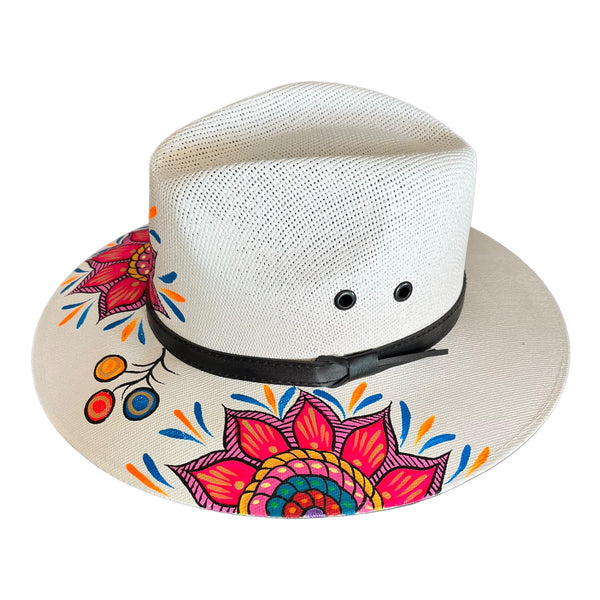 HAT MEXICAN Artisanal Hand Painted Fedora Mandala Sombrero Panama Bohemian White