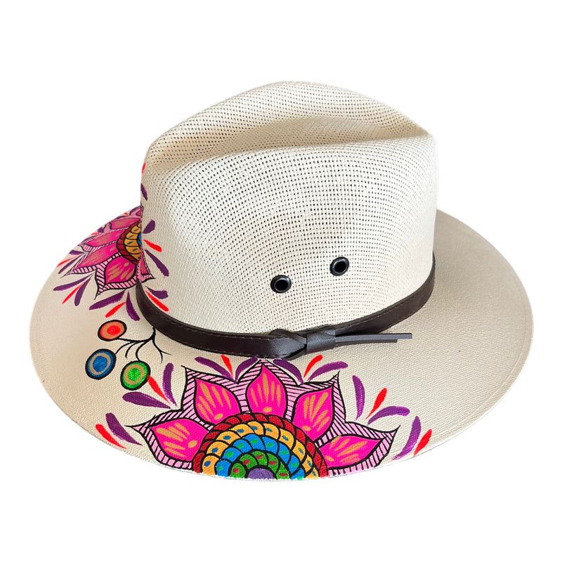 HAT MEXICAN Artisanal Hand Painted Fedora Mandala Sombrero Panama Bohemian White