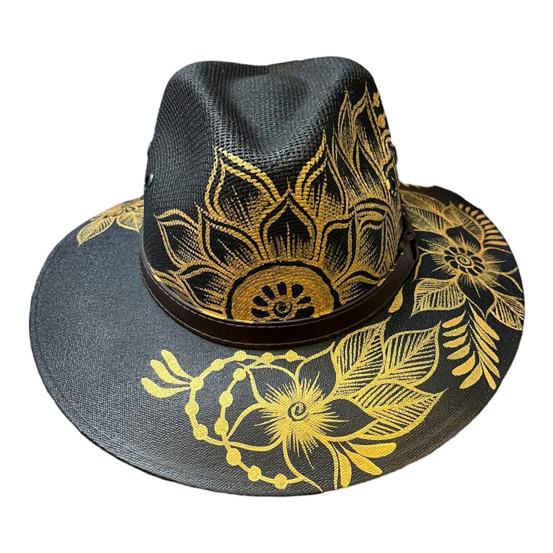 MEXICAN HAT Artisanal Hand Painted Fedora Floral Sombrero Panama Bohemian Black