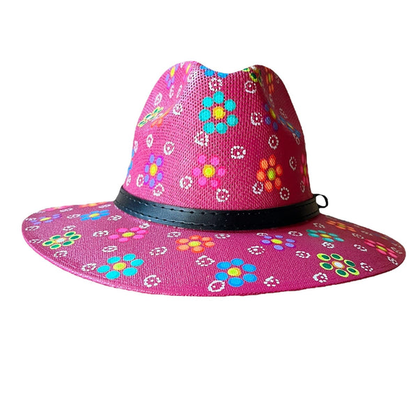 HAT MEXICAN Artisanal Hand Painted Fedora Floral Sombrero Panama Boho Pink Large