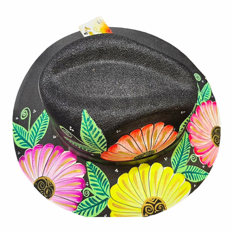 HAT MEXICAN Artisanal Hand Painted Fedora Floral Sombrero Panama Bohemian Black
