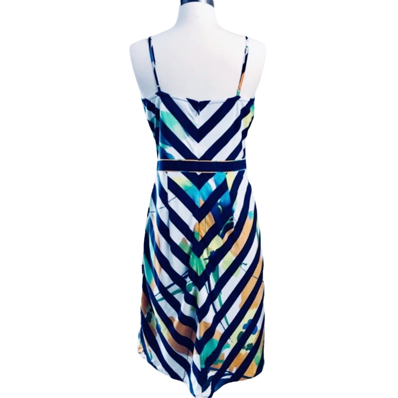 BETH BOWLEY Silk Dress Floral Striped Navy White Sleeveless Faux Wrap Sheath 4