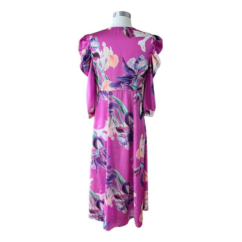 PATBO Grace Floral Dress Satin Puff Sleeve Midi Button Down Influencer US 6