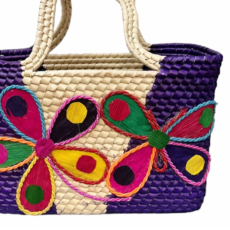 Mexican Natural Weaved Straw Tote Bag HANDMADE Zipper Purple Floral Palm Small