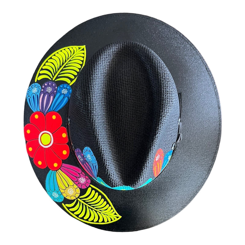 HAT MEXICAN Artisanal Hand Painted Fedora Floral Sombrero Panama Bohemian Black