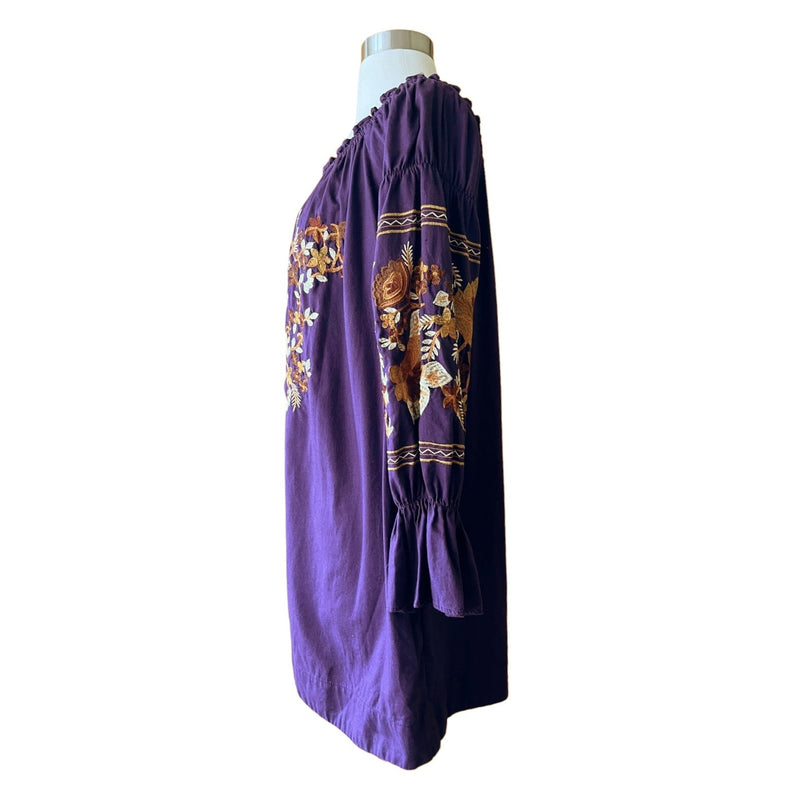 FREE PEOPLE Mini Dress Fleur du Jour Embroidered Tunic Purple Off the Shoulder