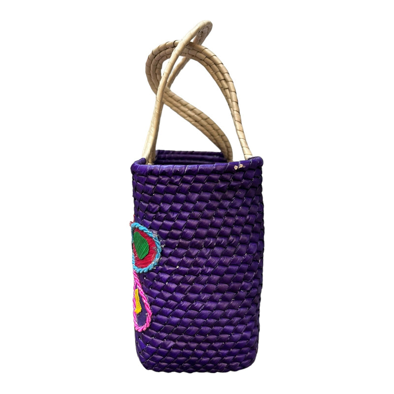 Mexican Natural Weaved Straw Tote Bag HANDMADE Zipper Purple Floral Palm Small