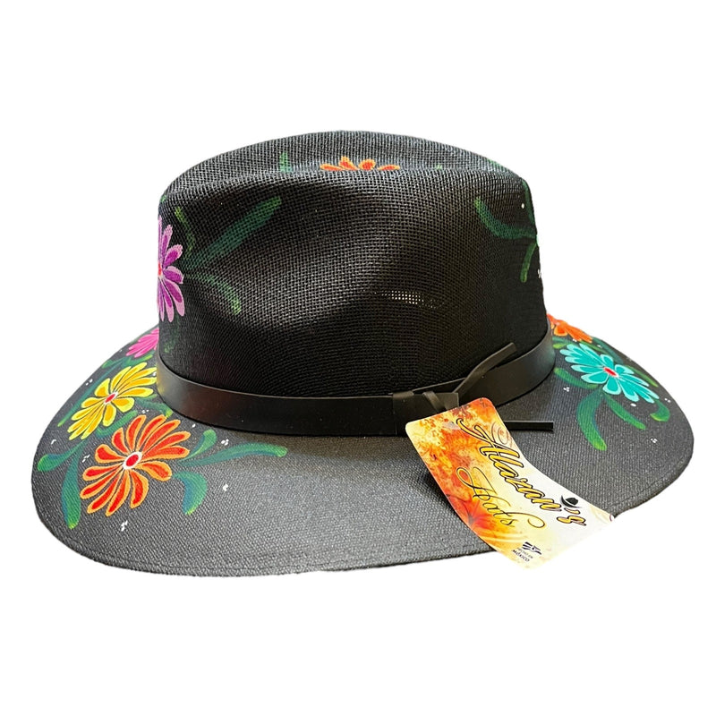 HAT MEXICAN Artisanal Hand Painted Fedora Floral Sombrero Panama Bohemian Black
