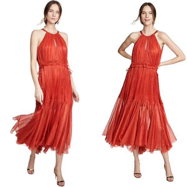 MARIA LUCIA HOHAN Maella Silk Tent Dress Red Chiffon Ruffled Plisse Halter Gown