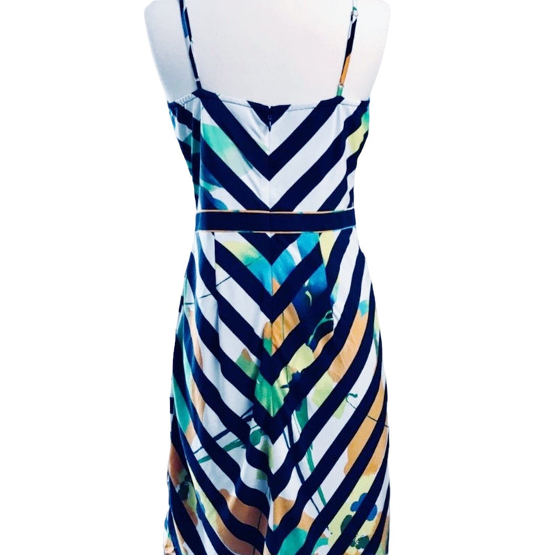 BETH BOWLEY Silk Dress Floral Striped Navy White Sleeveless Faux Wrap Sheath 4