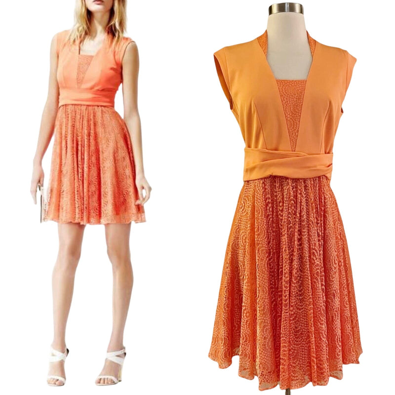 REISS Nerissa Dress Apricot Lace Orange Sleeveless Fit & Flare Cocktail 6 NWT