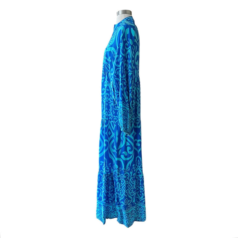 Blues Paisley Maxi Dress V-Neck Long Sleeves Tropical Bold Print Medium