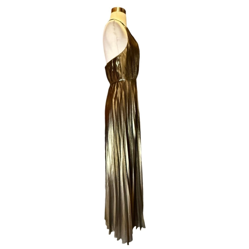 AIDAN MATTOX Pleated Folied Chiffon Halter Gown Bronze Metallic Maxi 4 EUC
